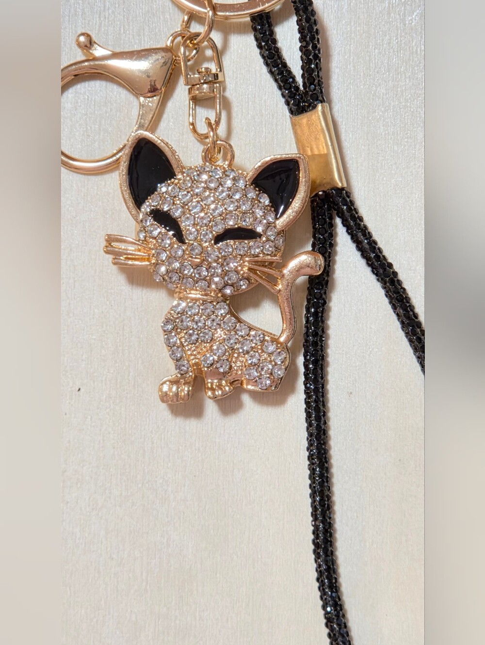 Crystal Encrusted Kitten Purse Charm Wristlet Lanyard Keychain Gold & Black - Picture 5 of 12